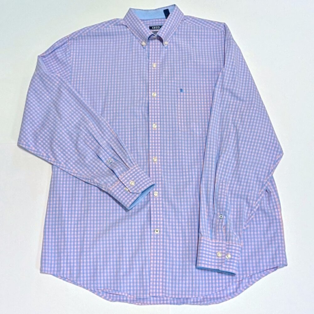 Izod Men's Premium Essentials Shirt Dress Size L light blue and light pink check